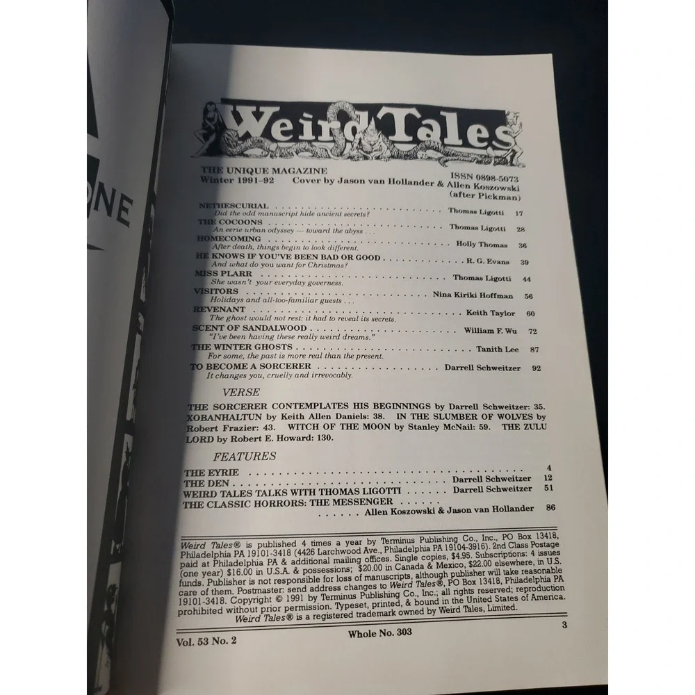 WEIRD TALES 303  Winter 1991/92 Thomas Ligotti issue Very Good Clean Condition